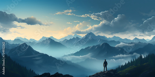 Man standing on the edge of the cliff and looking at the mountains photo