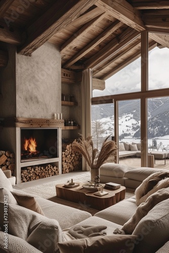 cozy living room in a wooden chalet photo