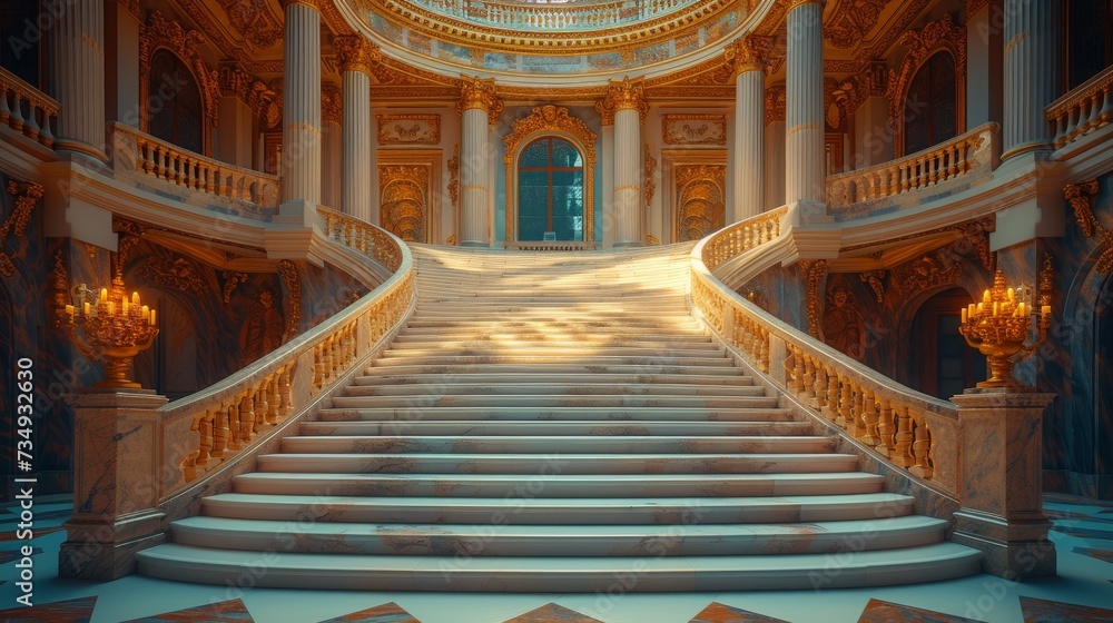 Obraz premium Grand Staircase in a Classical Museum: A majestic staircase within a classical museum, featuring intricate architectural details and a sense of grandeur