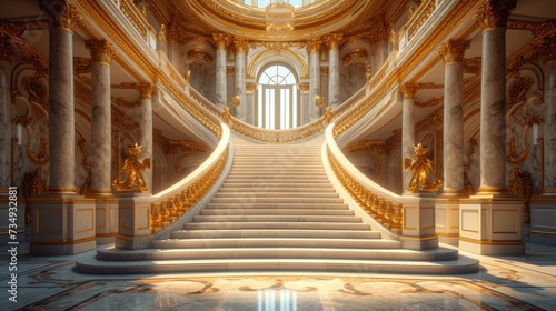 Grand Staircase in a Classical Museum: A majestic staircase within a classical museum, featuring intricate architectural details and a sense of grandeur photo