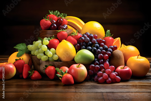 A Beautiful Arrangement of Fresh Fruits Displayed on a Rustic Table - A Celebration of Nature's Bounty