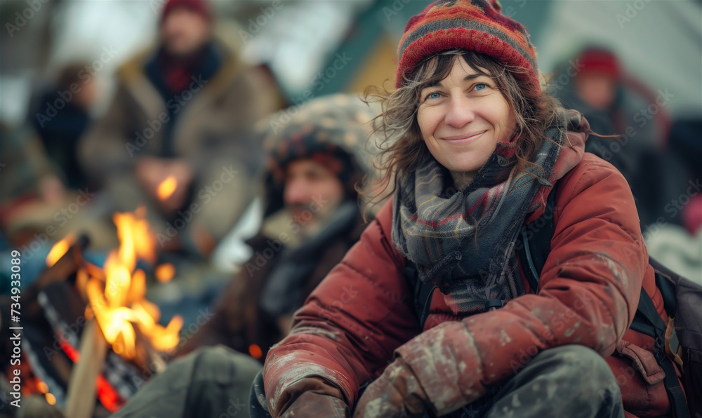 Positive homeless white woman sitting on the street near a fire surrounded by other people.Urban poverty and hunger concept. Street lifestyle and survival. Positive homeless white woman sitting on the street near a fire surrounded by other people.Urban poverty and hunger concept. Street lifestyle and survival.