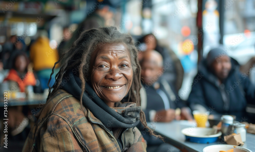 Positive elderly African American homeless woman with smile, homeless cafe.Urban poverty and hunger concept. Street lifestyle and survival.