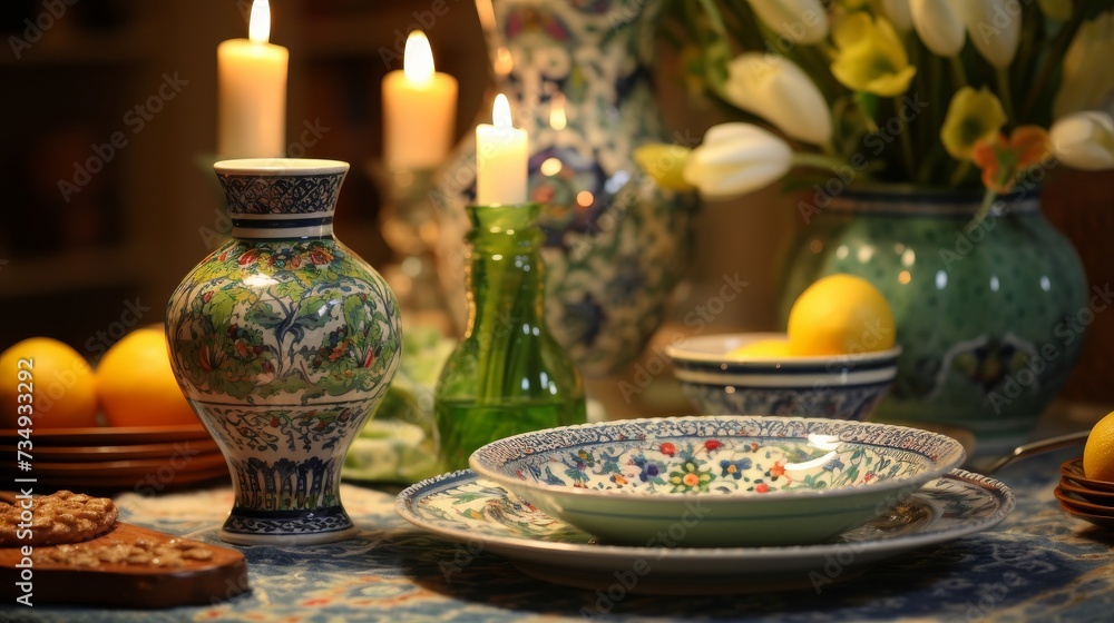 Table Adorned With Plates and Vases Overflowing With Flowers Table Adorned With Plates and Vases Overflowing With Flowers