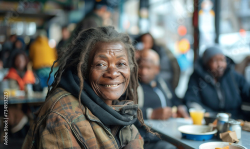Positive elderly African American homeless woman with smile  homeless cafe.Urban poverty and hunger concept. Street lifestyle and survival.