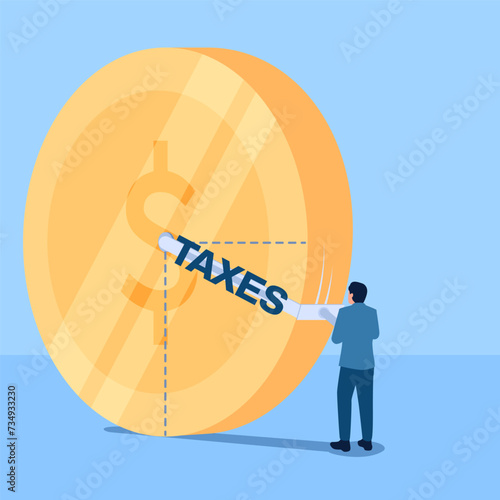 Man lowers tax measure in large coins, metaphor for tax cut. Simple flat conceptual illustration.