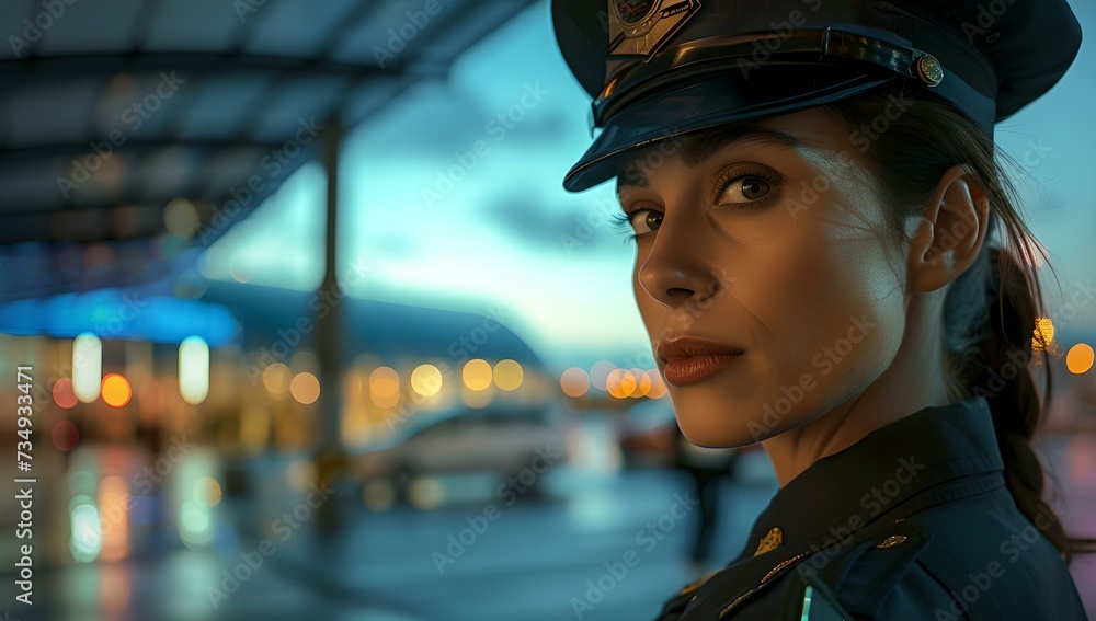 Determined female officer gazing into distance at twilight, uniformed professional, urban backdrop. AI Determined female officer gazing into distance at twilight, uniformed professional, urban backdrop. AI