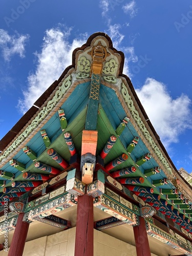 
Detail of a wooden, carved roof at the Gorkhi Terelj Monastery in Inner Mongolia,
  photo