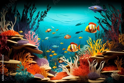 A captivating paper-cut underwater scene, featuring schools of fish and coral reefs, all meticulously crafted with vibrant colored paper.