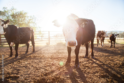 Backlit cattle in dusty australian stockyard on Aussie farm photo