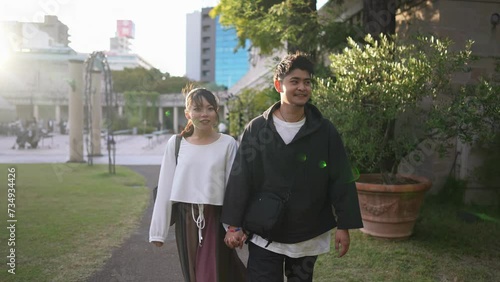 愛知県名古屋市の街なかで過ごす２０代の若い日本人カップル  A young Japanese couple in their 20s spending time in the streets of Nagoya City, Aichi Prefecture photo