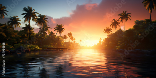 Beautiful sunset over the sea and palm trees. 3d render © Graphicsstudio 5