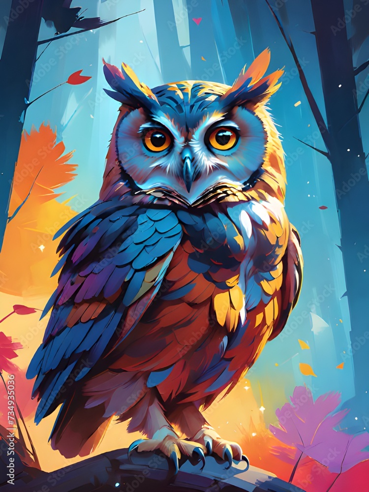 illustration of a colorful owl with a tree in the background