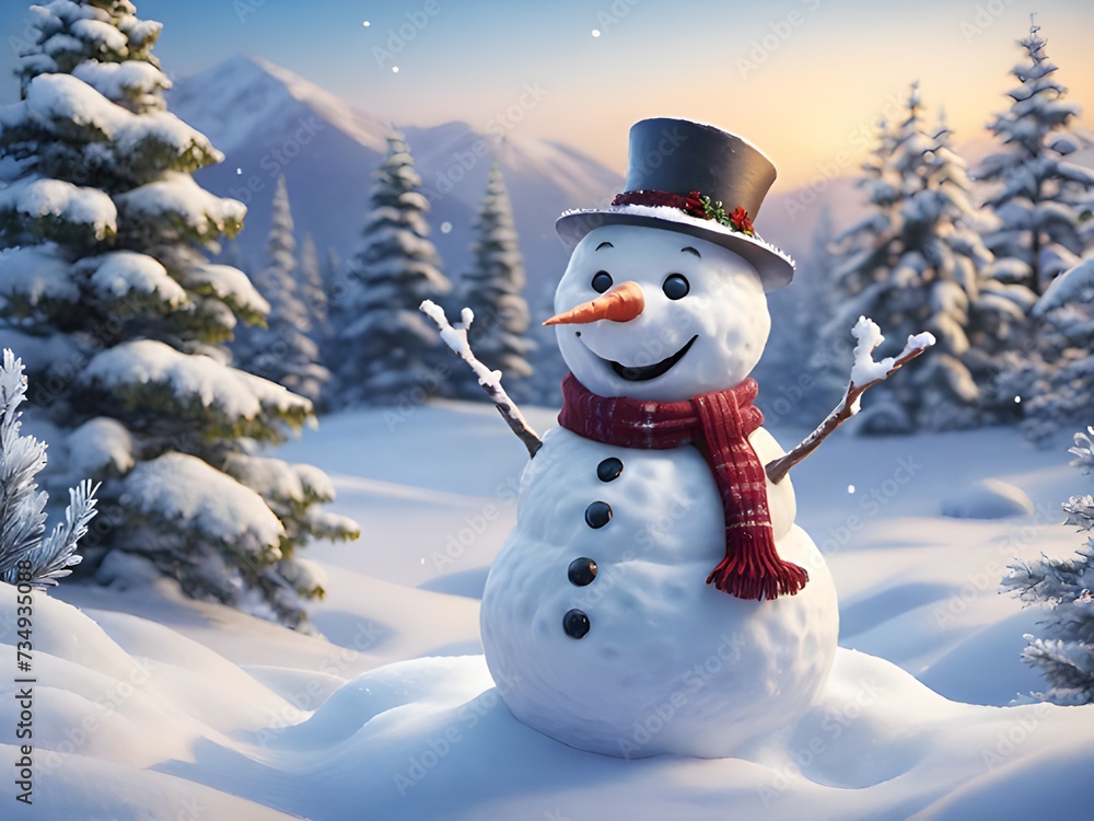 Obraz premium snowman in the winter forest with christmas tree