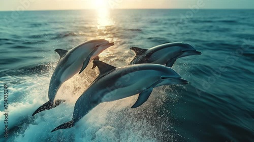 With graceful swimming and nimble body folding, dolphins create a mesmerizing aquatic display in the beautiful ocean. photo