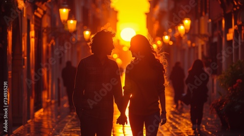 Vacationers in Venice, Italy - Couple having fun on city street at sunset - Tourism and love concept