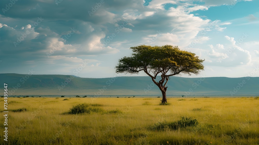 Serene african savannah landscape with a solitary tree, peaceful sky, and vast plains. ideal for backgrounds and nature themes. AI