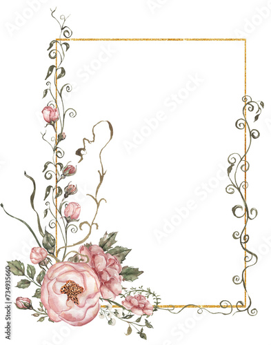 Wallpaper Mural Watercolor pink peony flowers, leaves and golden frame illustration Torontodigital.ca