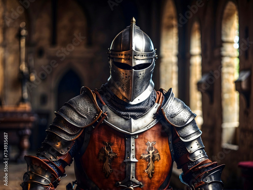 Medieval knight in armor in the castle