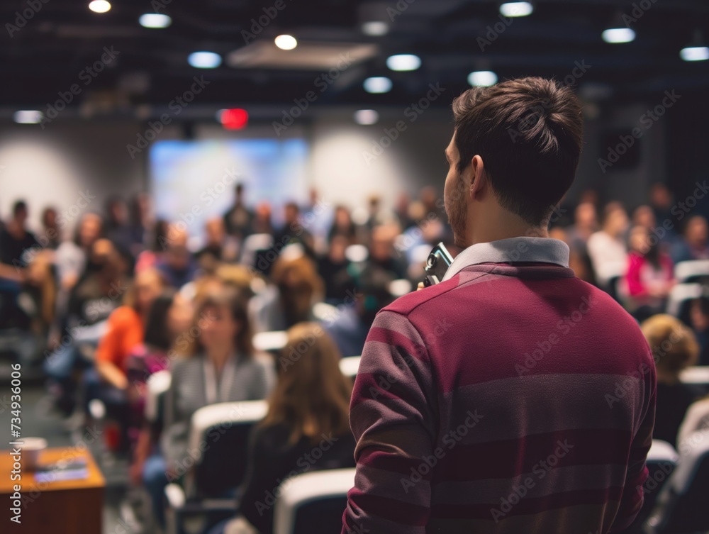 A person attending a seminar on passive income strategies, learning about real estate, stocks, and other investment opportunities A person attending a seminar on passive income strategies, learning about real estate, stocks, and other investment opportunities