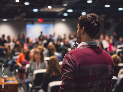 A person attending a seminar on passive income strategies, learning about real estate, stocks, and other investment opportunities