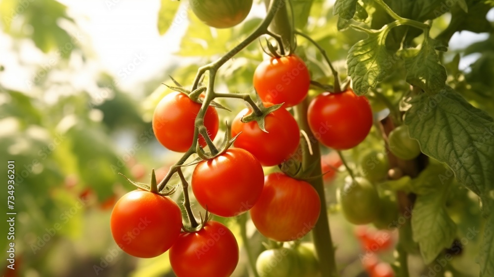 Ripe red tomatoes hanging on a tomato tree under bright sunlight.