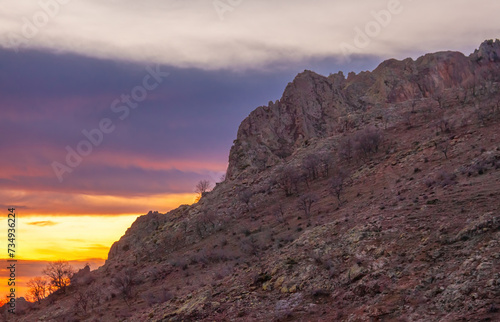 Beautiful natural landscape on sunset with mountains