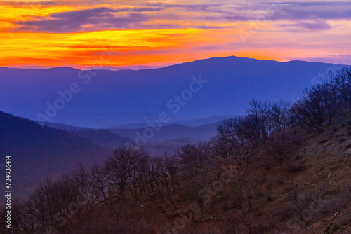 Beautiful natural landscape on sunset with mountains