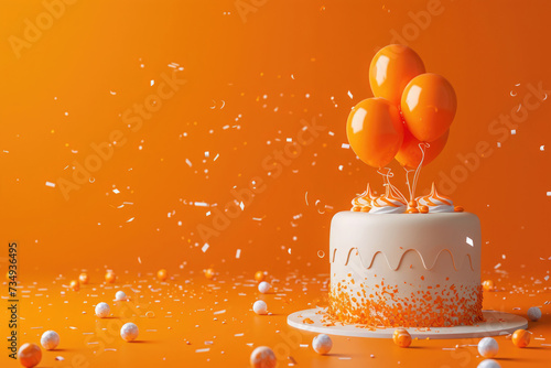 festive background for birthday, cake with rhem, balloons, 3d, orange background, empty space for text in the center