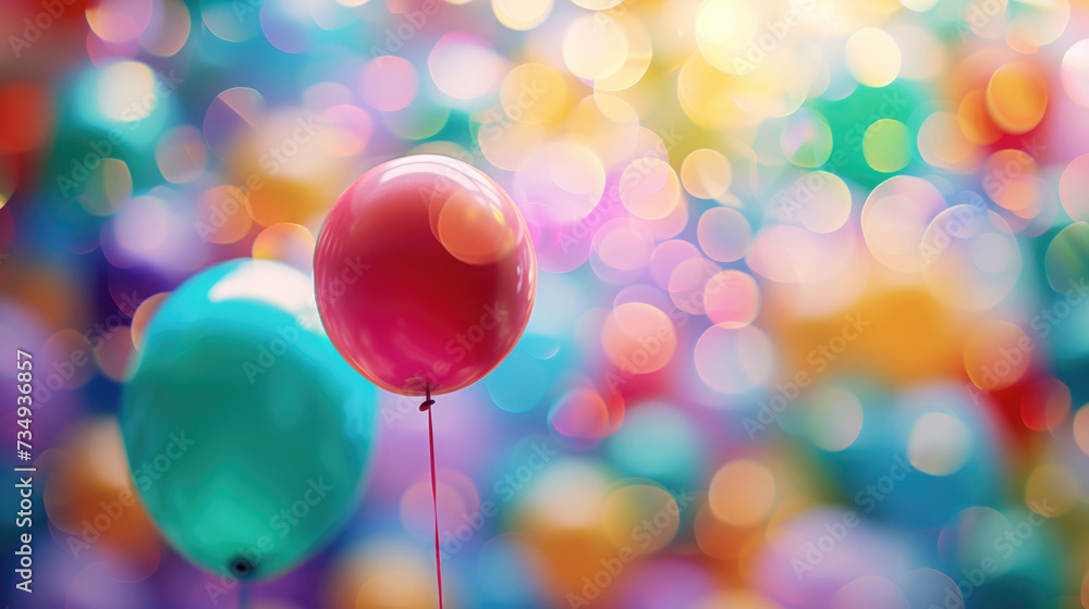 red balloon on a ribbon, on a multi-colored background with bokeh, birthday decor red balloon on a ribbon, on a multi-colored background with bokeh, birthday decor