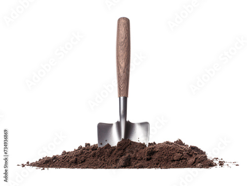 a shovel in dirt with a wooden handle
