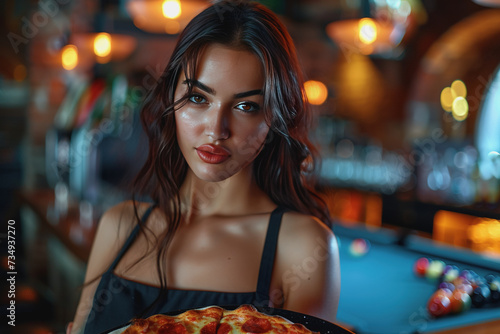 woman in a restaurant Carrying a pizza tray ready to eat inside the restaurant. AI Generated