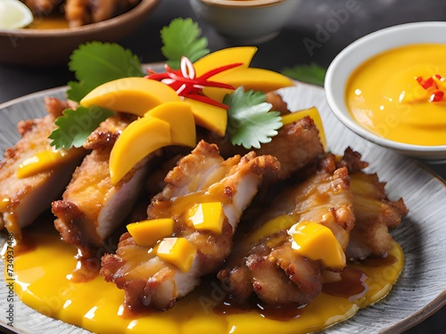 a cuisine photo of fried chicken with mango and sauce