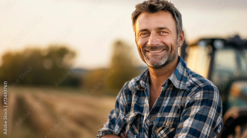 A handsome farmer in a plaid shirt, smiling and looking at the camera - obrazy, fototapety, plakaty 