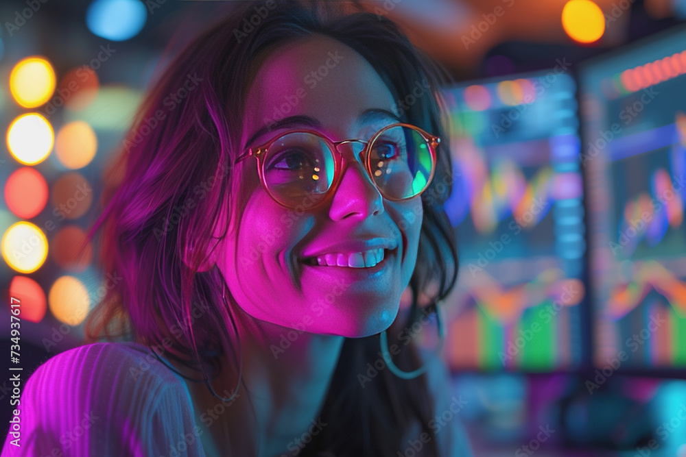 Happy woman trading stocks when the price goes up for stock trading. AI Generated Happy woman trading stocks when the price goes up for stock trading. AI Generated
