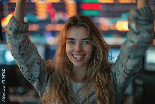 Happy woman trading stocks when the price goes up for stock trading. AI Generated