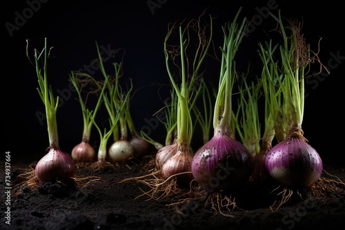 onions are growing in the onion garden