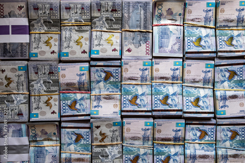 Kazakh Tenge money packs. KZT banknote bundle stacks. A lot Tenge money banknotes. Money prize reward. Financial crime proof. Corruption in Kazakhstan concept. 13.02.2024 Almaty, Kazakhstan