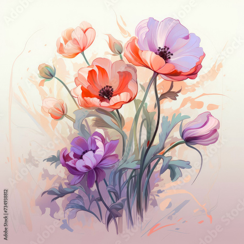 Illustration of a bouquet of painted watercolor flowers in patsel shades photo