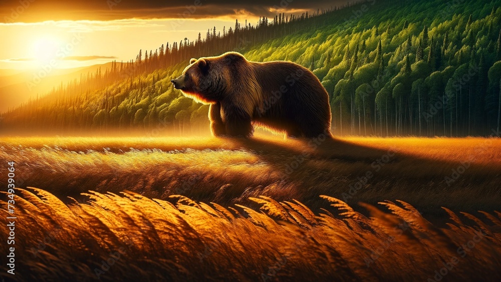 Bear in the sunset animal nature brown wildlife mammal wild brown bear water. Bear in the sunset grizzly Alaska fur forest animals black bear dog river zoo carnivore black. - obrazy, fototapety, plakaty 