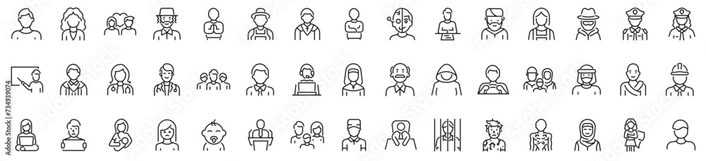Set of 45 outline icons related to avatars, person. Linear icon collection. Editable stroke. Vector illustration Set of 45 outline icons related to avatars, person. Linear icon collection. Editable stroke. Vector illustration