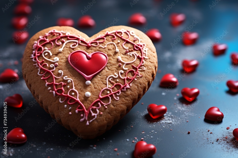 Sweet indulgence Heart shaped cookie with icing and red heart decoration