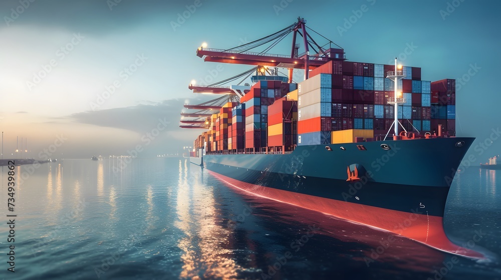 Container ship carrying container boxes import export dock with quay crane. Business commercial trade global cargo freight shipping logistic and transportation worldwide oversea concept - obrazy, fototapety, plakaty 