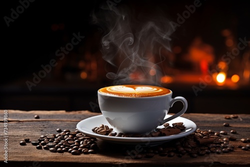 Coffee ambiance Cup with steam on wooden table, dark background