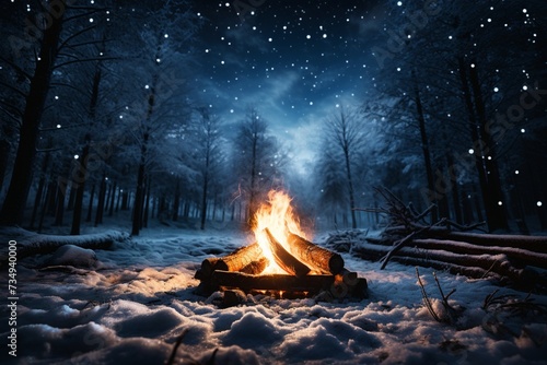 Cozy winter scene Bonfire in the snowy forest at night