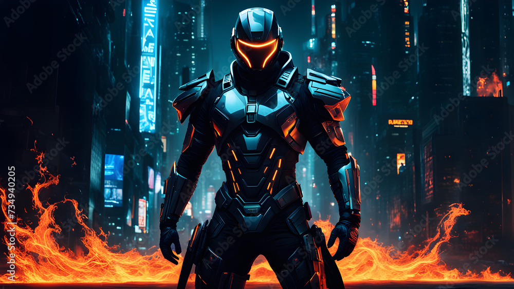 cyberpunk art of a man clad in a futuristic suit juxtaposed against raging flames envisioned 