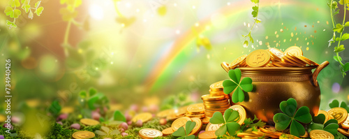 Pot of luck with coins, shamrocks and clovers, Banner, St. Patrick's Day, Generative AI	

