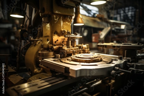 A gleaming brass plate, masterfully crafted, sits in the heart of an industrial setting, surrounded by machinery and tools, under the soft glow of overhead lights