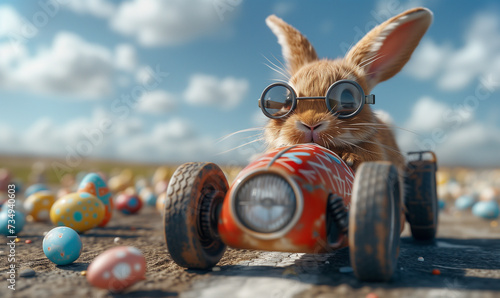 Easter bunny with goggles in a racing red car, easter funny concept