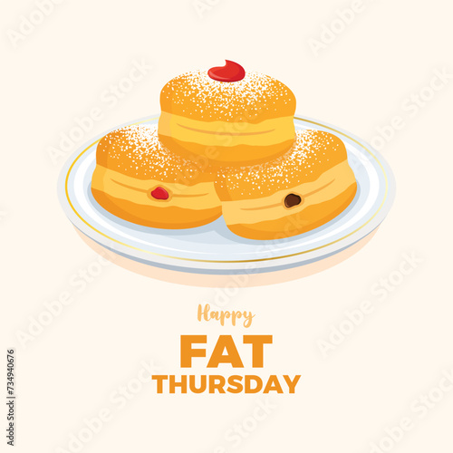 Happy Fat Thursday poster vector illustration. Traditional polish donut with jam and powdered sugar icon vector. Plate of polish donut paczki drawing. Christian tradition. Important day